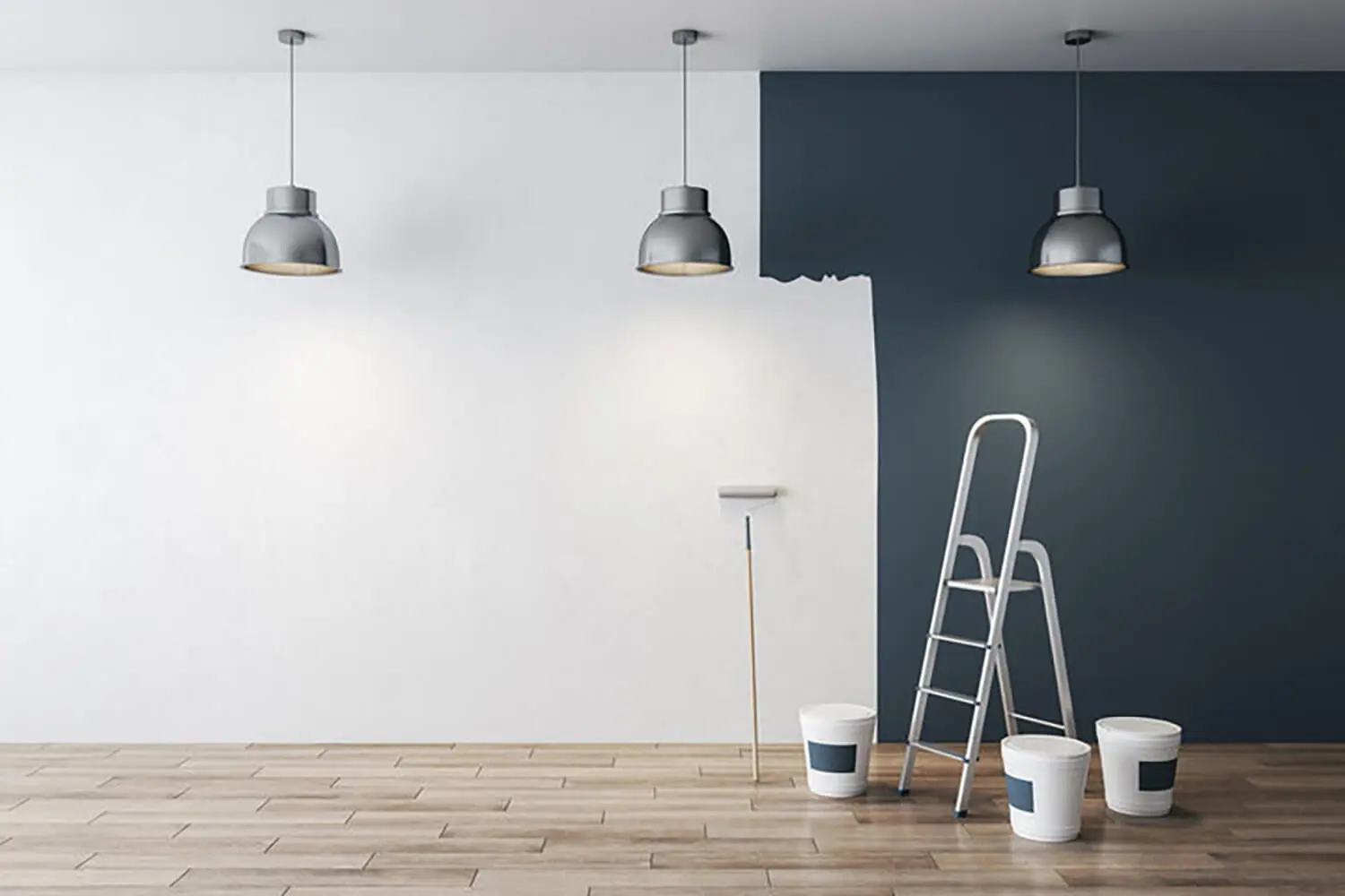 Interior painting projects that refresh your home, showing a modern accent wall being painted with ladders and paint supplies in place