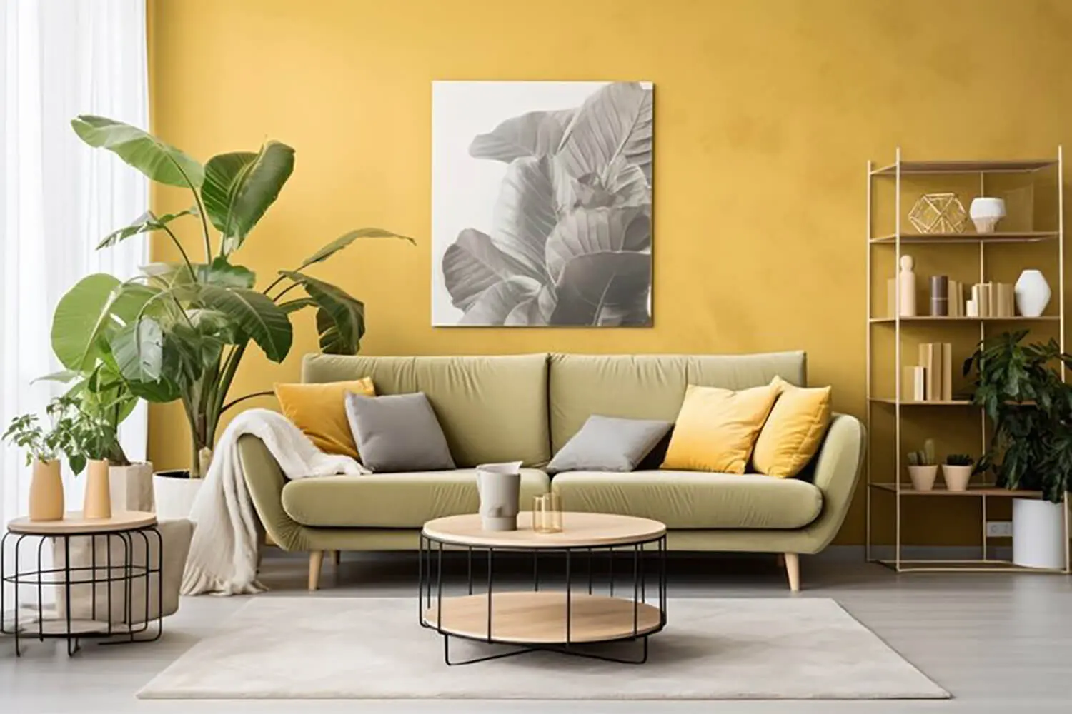 Modern living room with fresh yellow walls, neutral furniture, and plants showing the best time to book interior painting before spring
