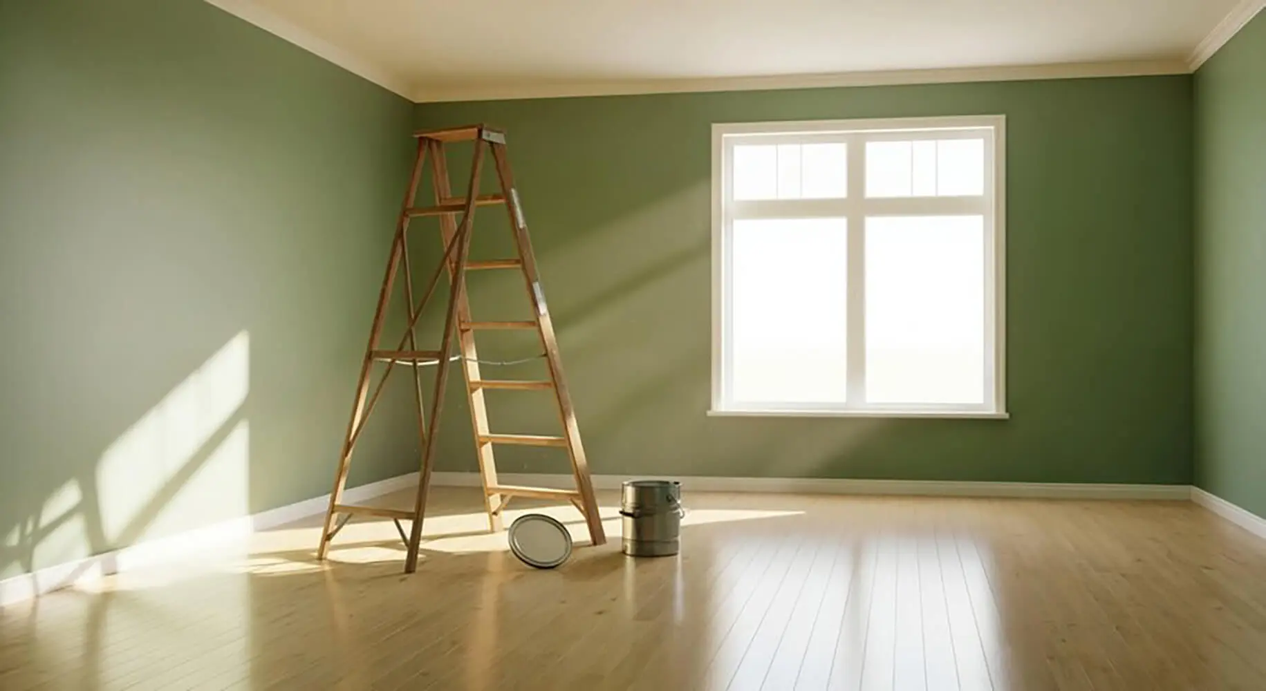 Freshly painted green room with ladder and paint cans, showing what to expect during a professional interior painting project