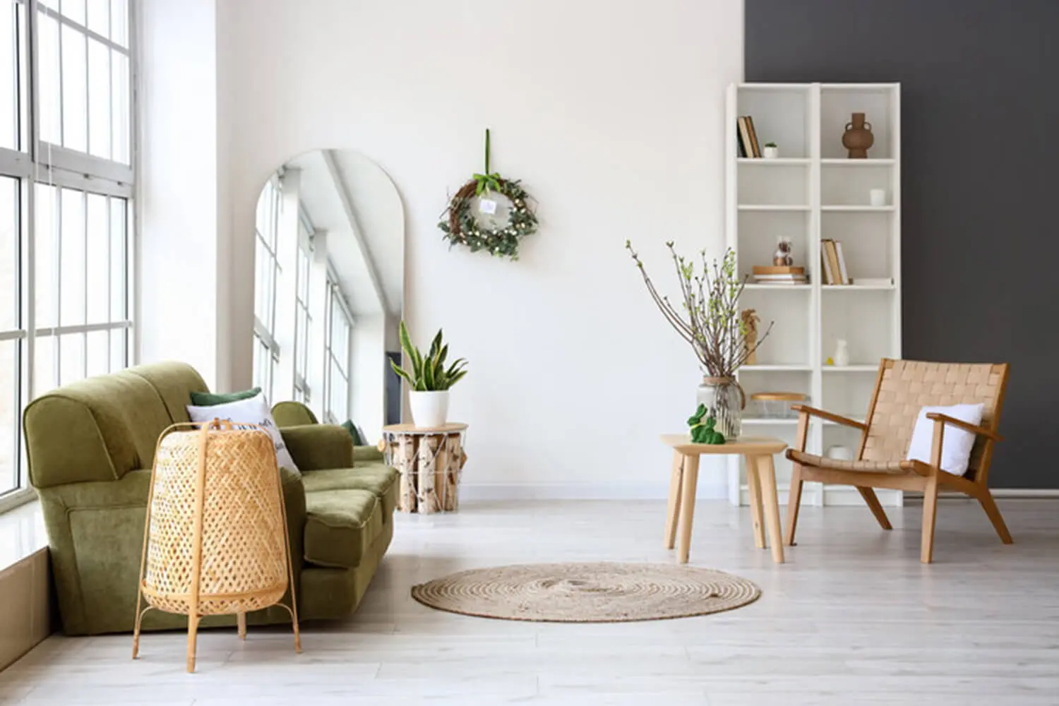 A bright, well-lit living room in a West Michigan home, the kind of space where humidity and airflow affect how long interior paint takes to dry in the summer.