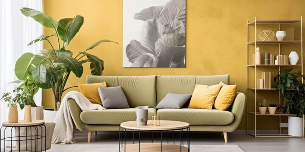 Modern living room with fresh yellow walls, neutral furniture, and plants showing the best time to book interior painting before spring