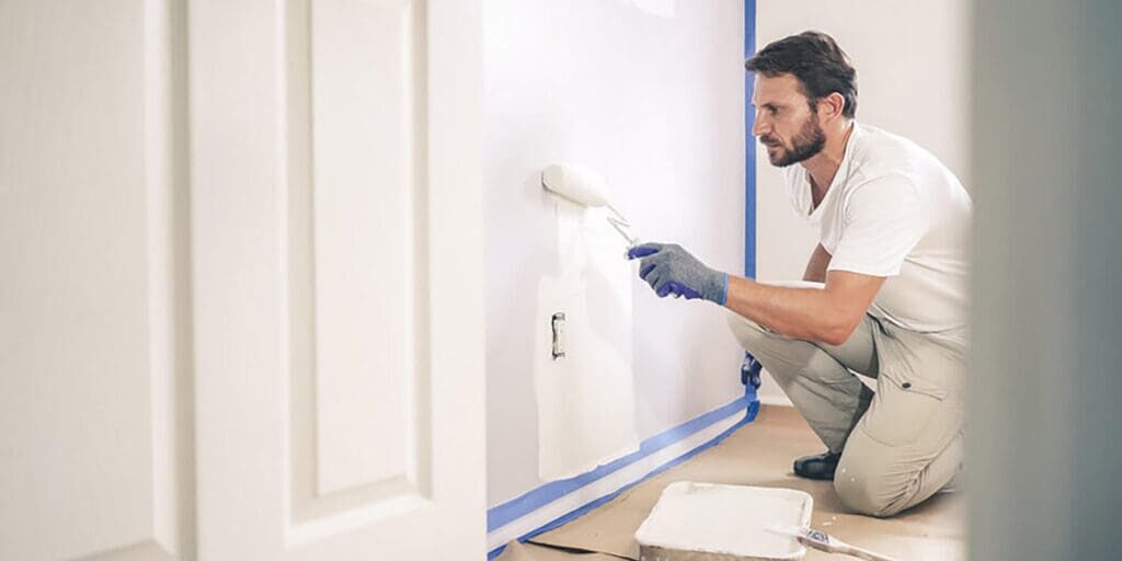 Professional painter applying white paint to interior wall, showing how long does interior paint last before you need to repaint in a residential home setting