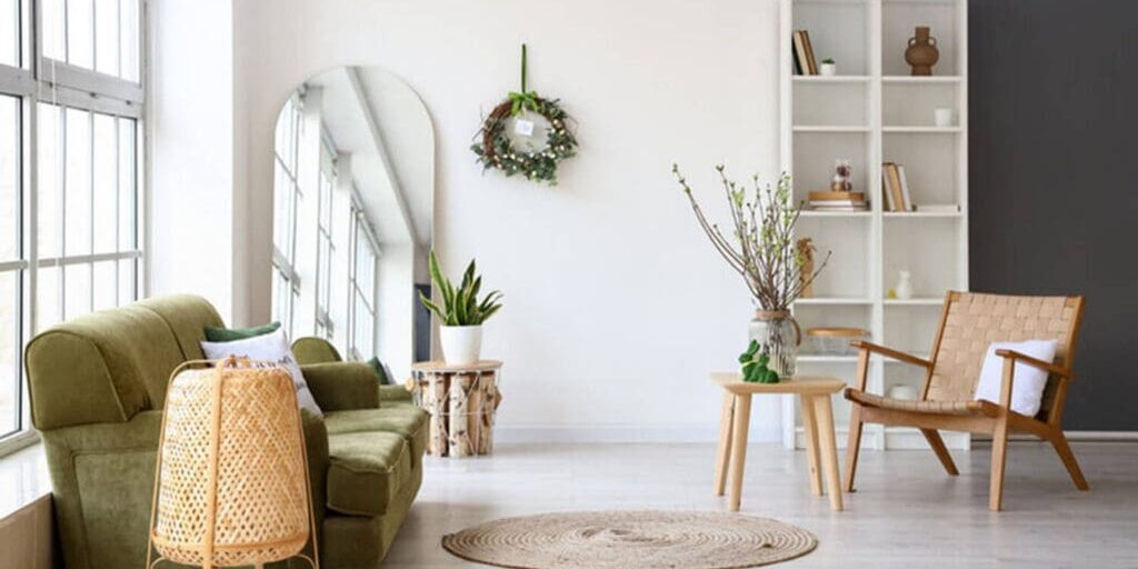 A bright, well-lit living room in a West Michigan home, the kind of space where humidity and airflow affect how long interior paint takes to dry in the summer.