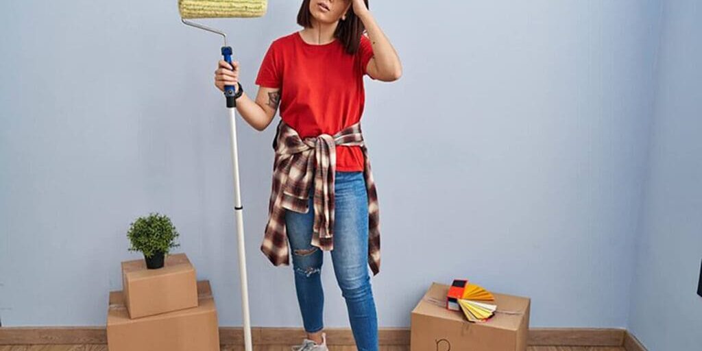 Homeowner holding a paint roller and looking concerned while painting a wall, illustrating how to tell if your home’s interior paint is failing