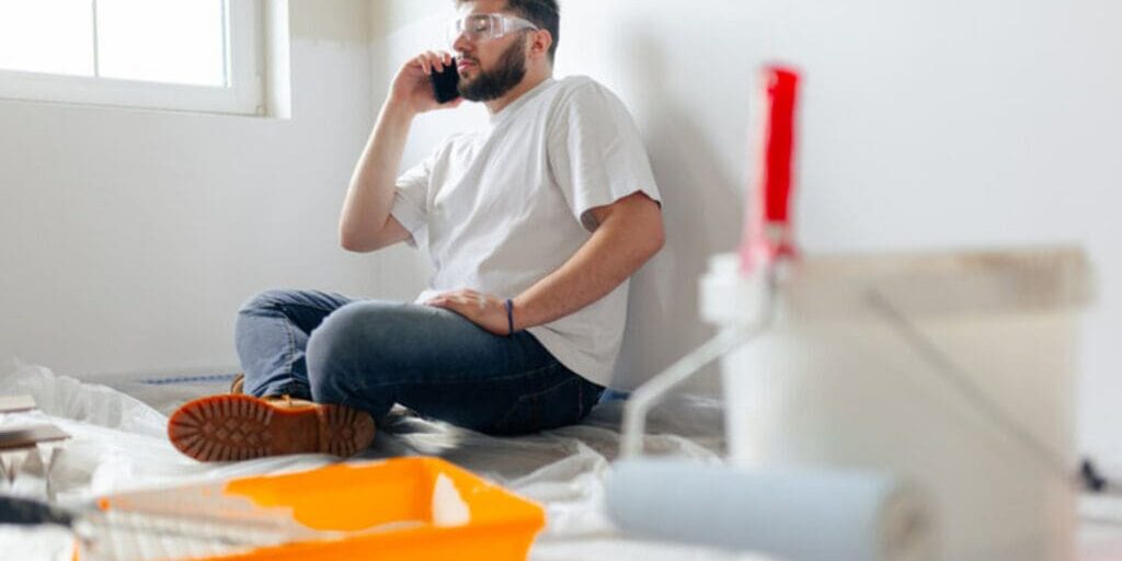 A painter on a job site surrounded by drop cloths and painting tools, the kind of professional communication homeowners should expect after asking the right questions to ask before hiring an interior painter.